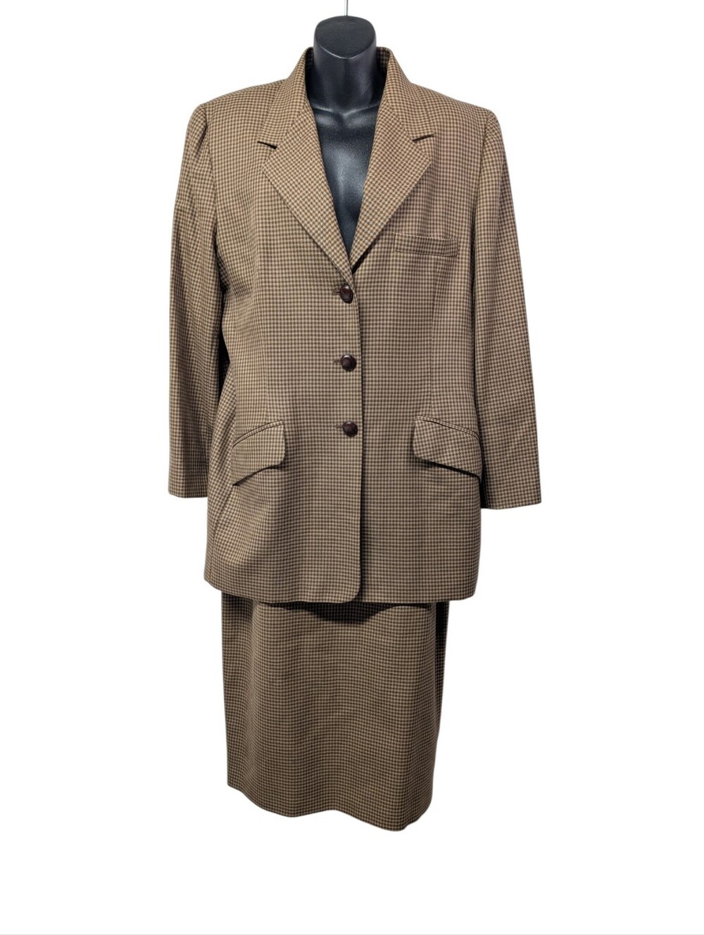 Ellen Tracy Women Brown Houndstooth Wool 2pc Skirt Suit Jacket Skirt Size L